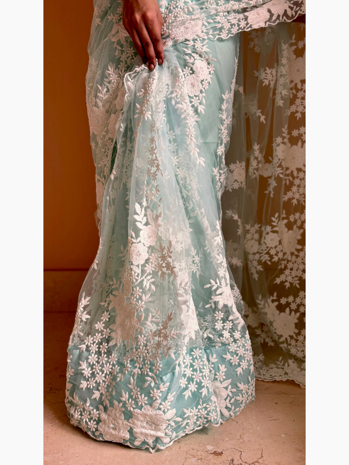 Seafoam Bloom Embellished Net Saree