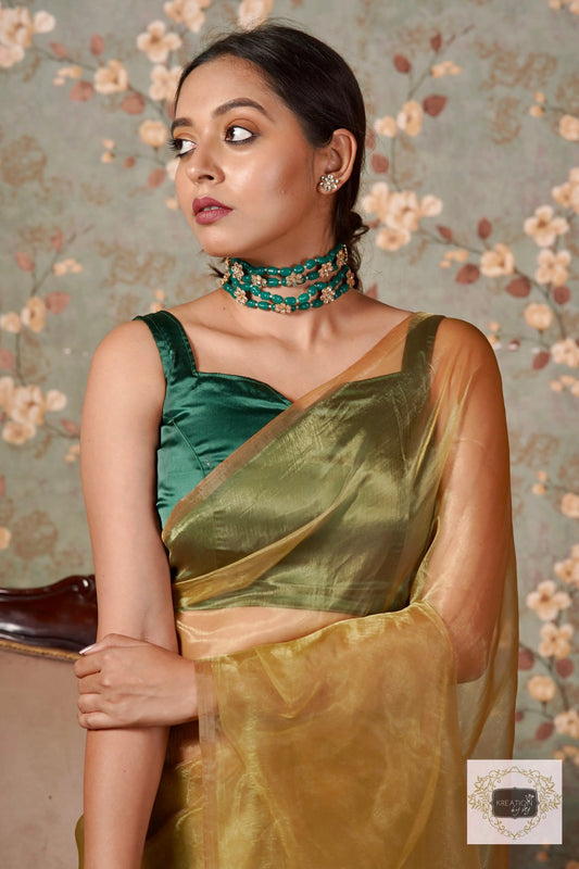 Pista Green Glass Tissue Saree kreationbykj