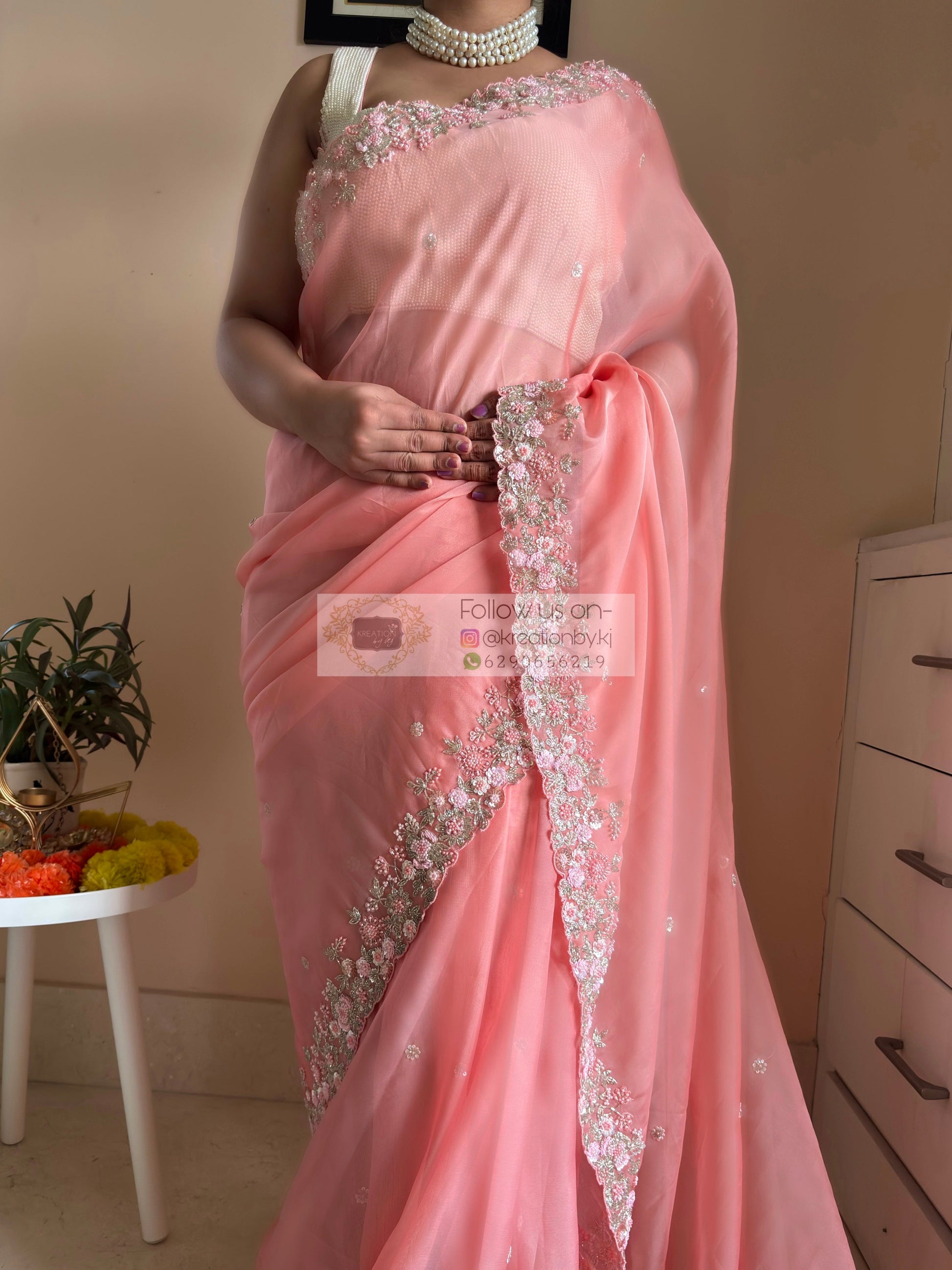 Peach Floral Haze Organza Saree Kreation by KJ