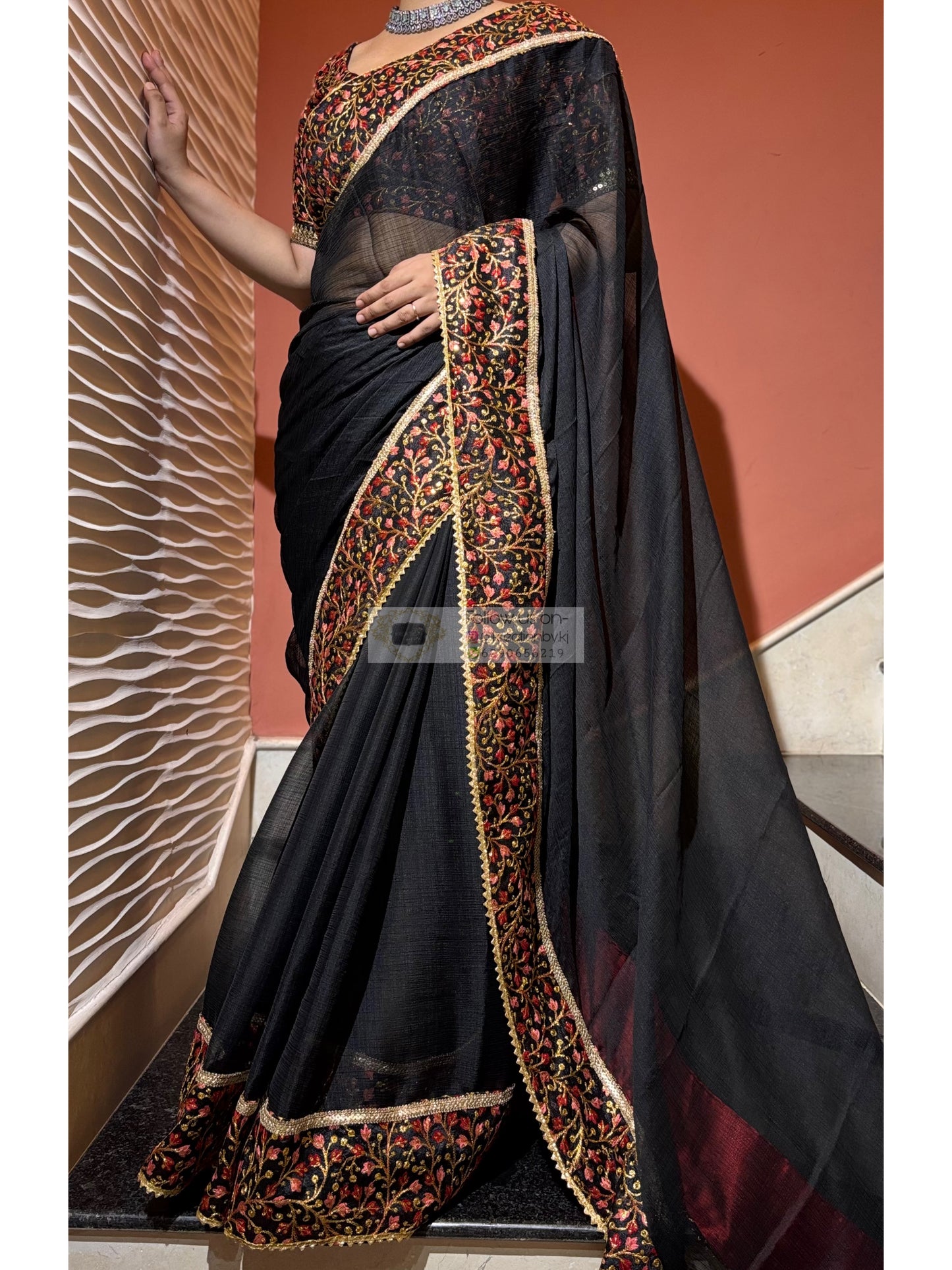 Black Crushed Chiffon Saree with Embellished Border