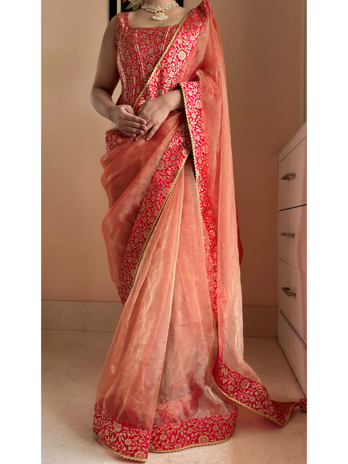 Marigold Glass Tissue Saree With Red Brocade Border