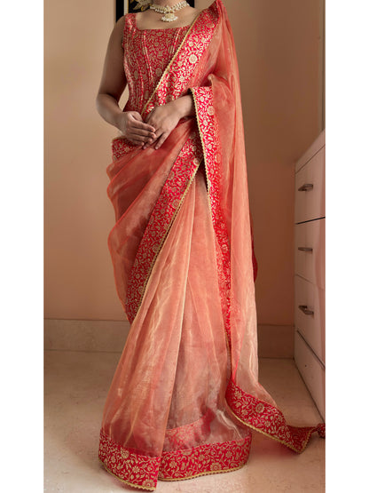 Marigold Glass Tissue Saree With Red Brocade Border