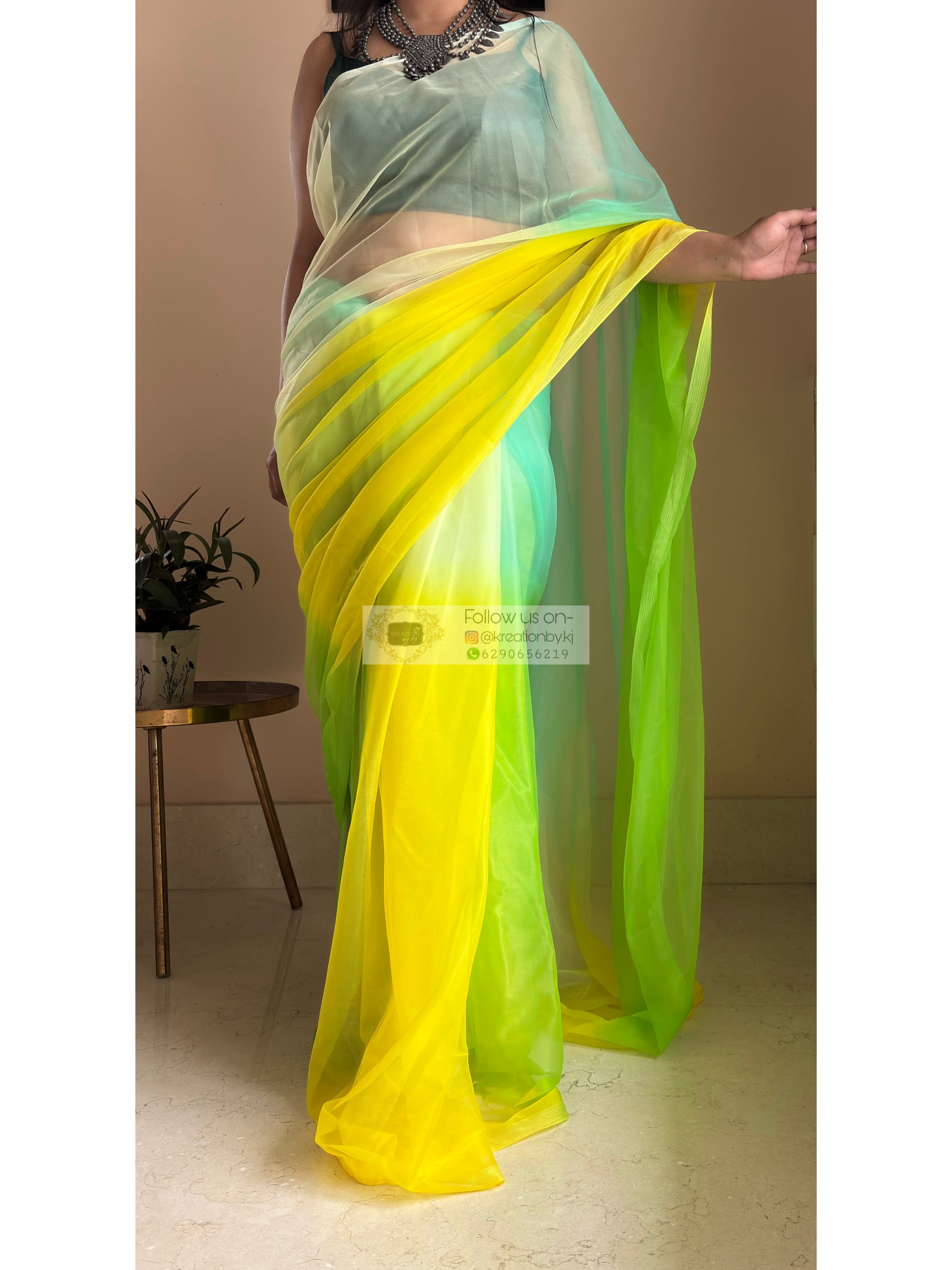 Green and yellow Net Ombre Saree kreationbykj