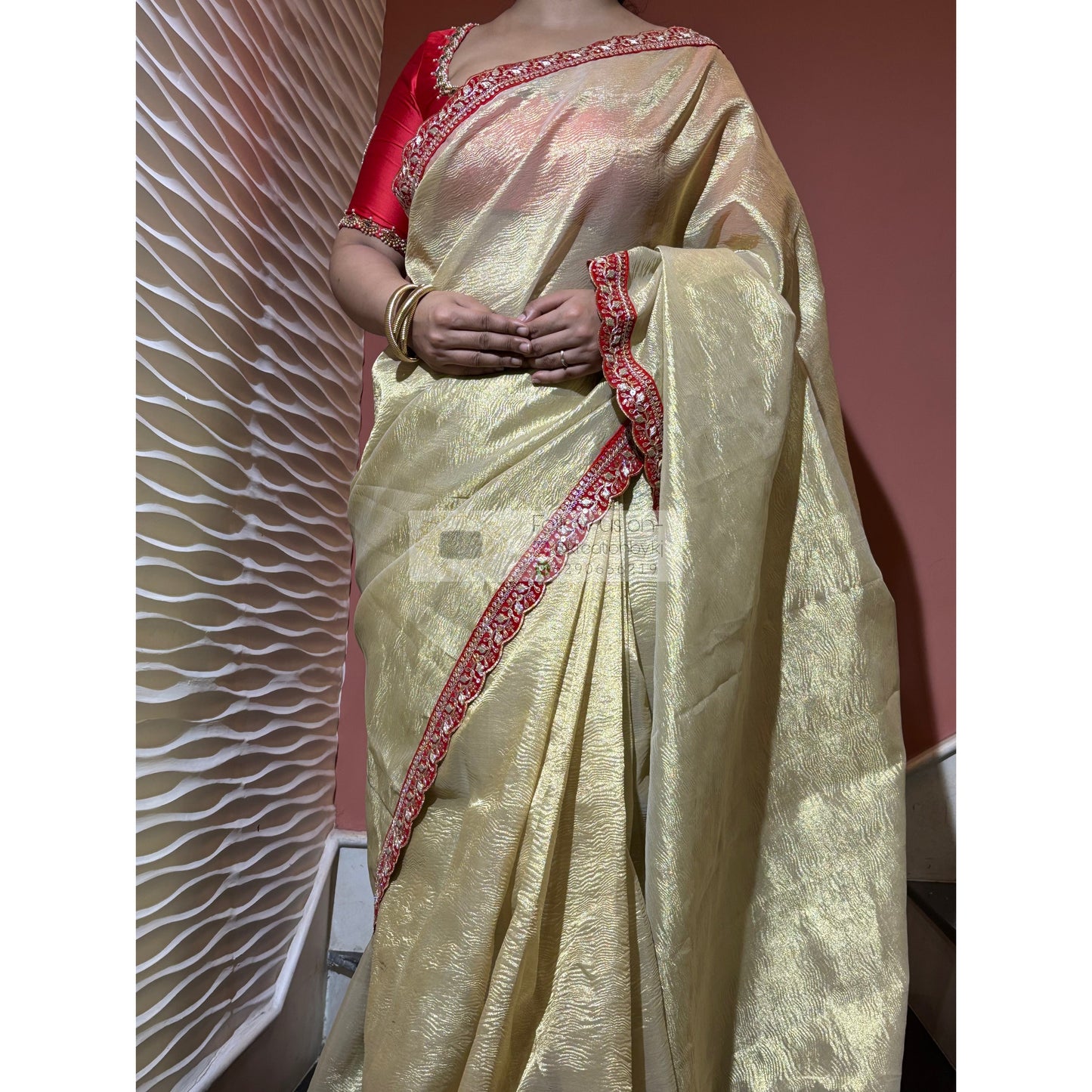 Golden Beige Crushed Tissue Saree with Red Border kreationbykj
