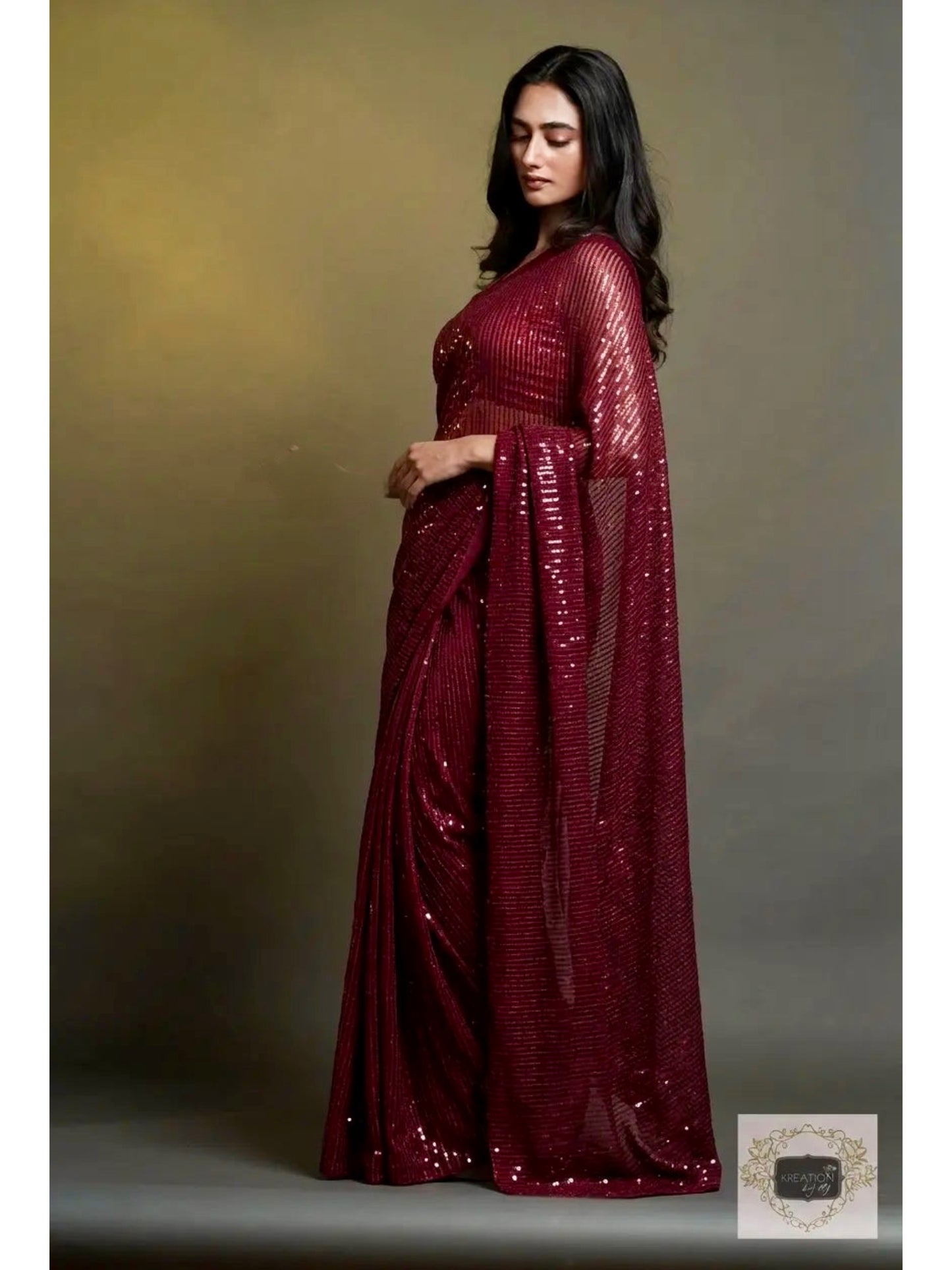 Maroon Knitted Sequin Saree