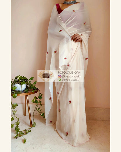 Off White Georgette Periwinkle Saree kreationbykj.in