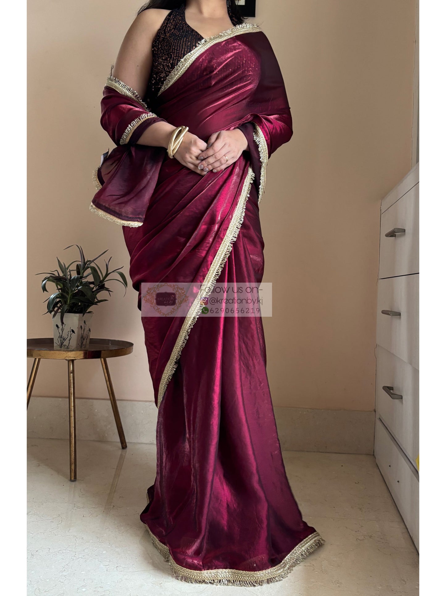 Cheery Wine Metallic Shimmer satin Banno Saree kreationbykj
