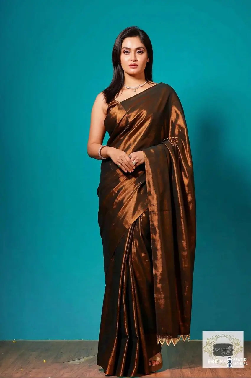 Copper Bronze Cotton Tissue Saree With Tassels in Pallu kreationbykj