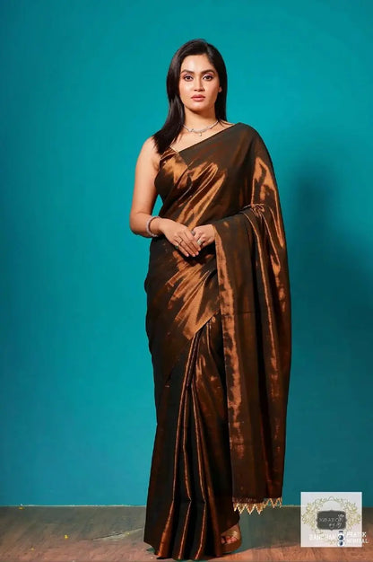 Copper Bronze Cotton Tissue Saree With Tassels in Pallu kreationbykj