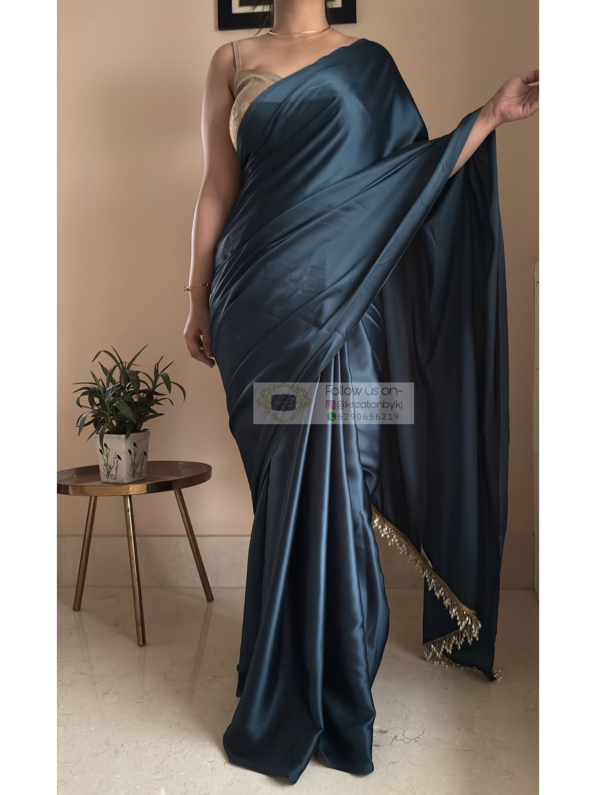 Midnight Blue Satin Silk Saree With Handmade Tassels On Pallu kreationbykj