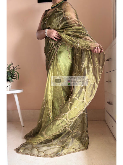 Military Green Chaudhvin ka Chand Saree for Wedding Kreation by KJ