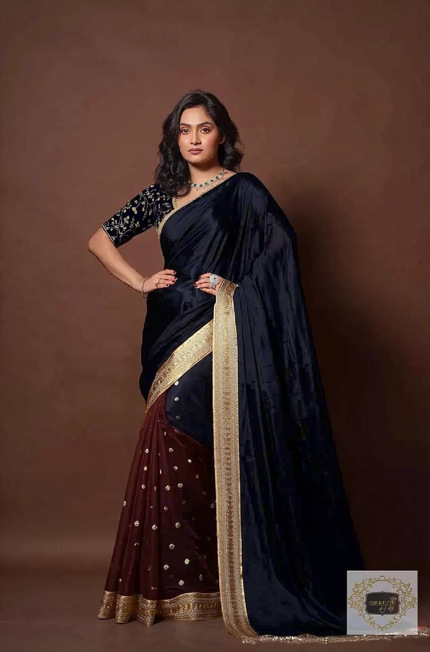 Black and Brown Cocktail Velvet Saree