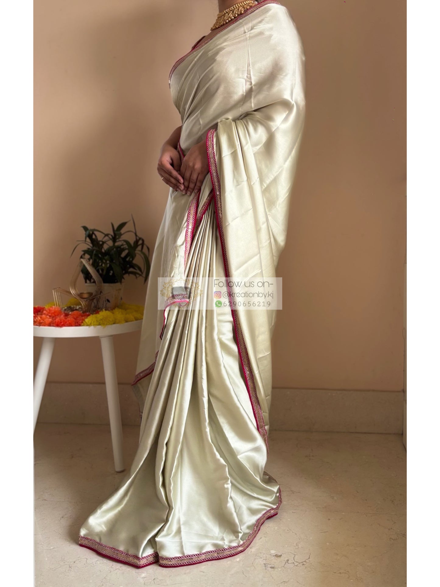 Cream with Green Hues Satin Silk Saree
