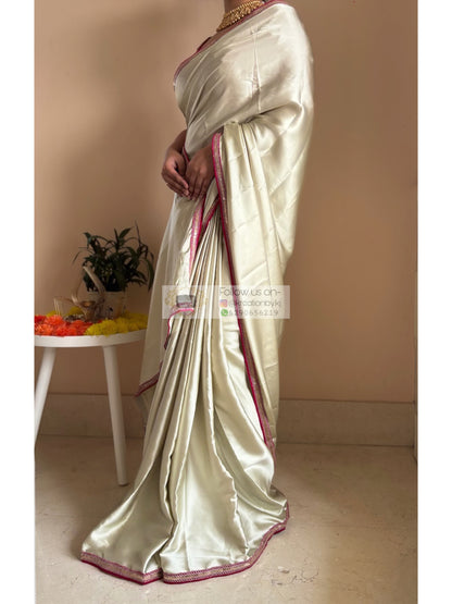 Cream with Green Hues Satin Silk Saree