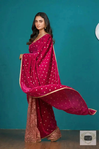 Half Magenta Pink Velvet And Net Embellished Saree Kreation by KJ