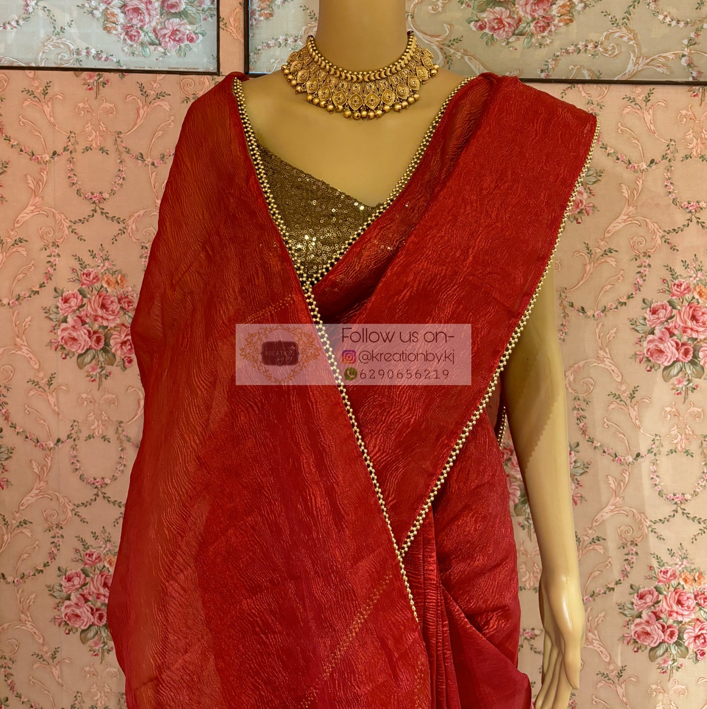 Red Crushed Tissue Saree with Golden Border