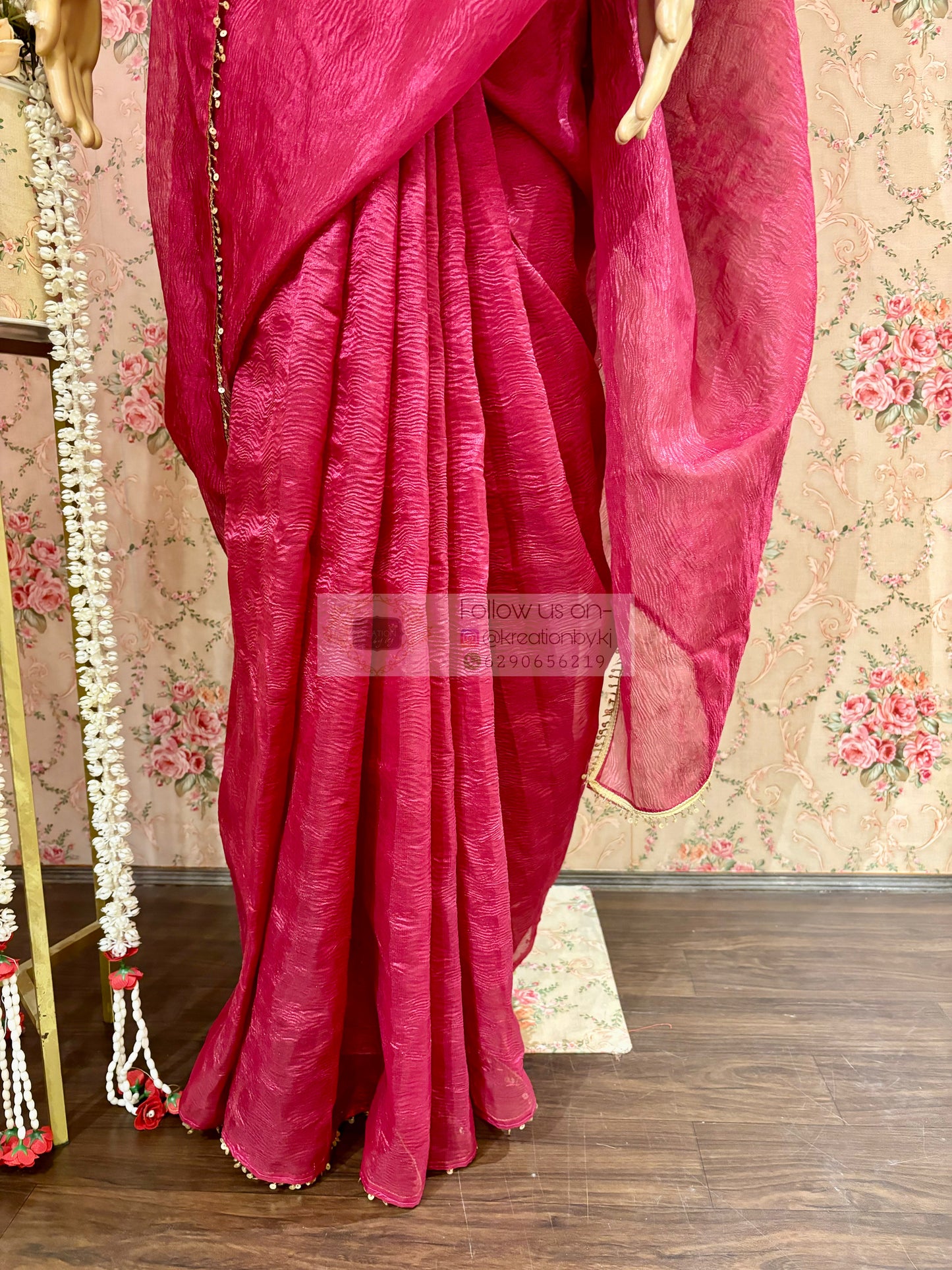 Magenta Pink Crushed Tissue Saree