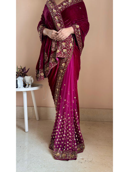 Purple Wine Vows in Velvet Saree