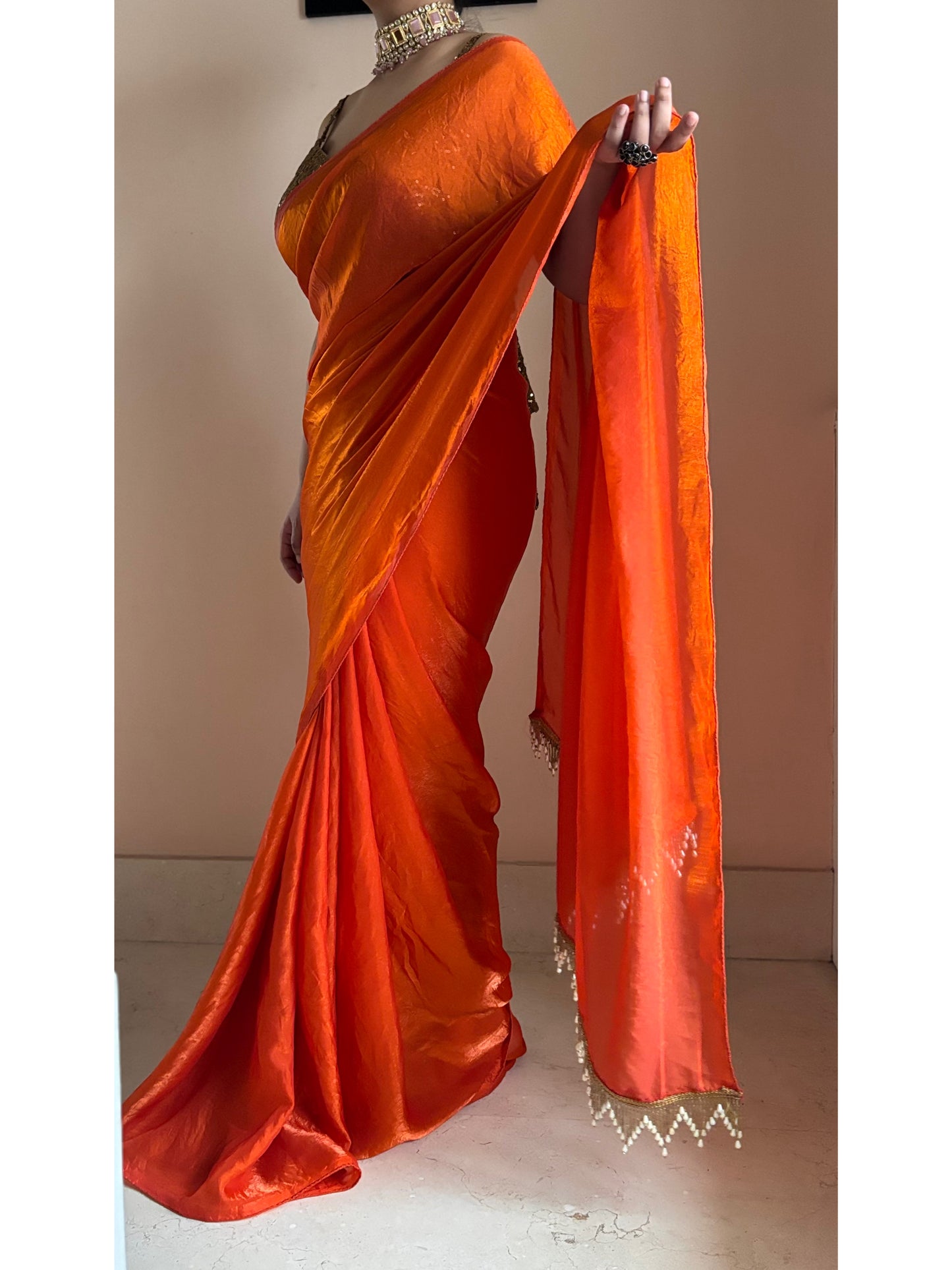 Fanta Orange Metallic Satin Saree