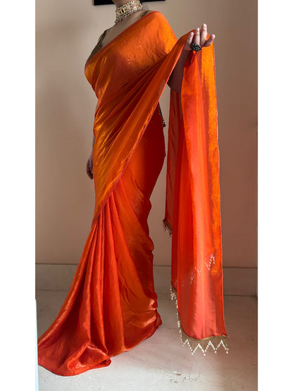 Fanta Orange Metallic Satin Saree