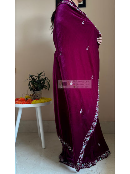 Purple Wine Velvet Chandani Saree with Cutdana Work