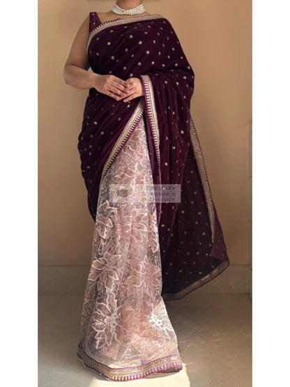 Purple Wine Velvet And Net Embellished Saree Kreation by KJ
