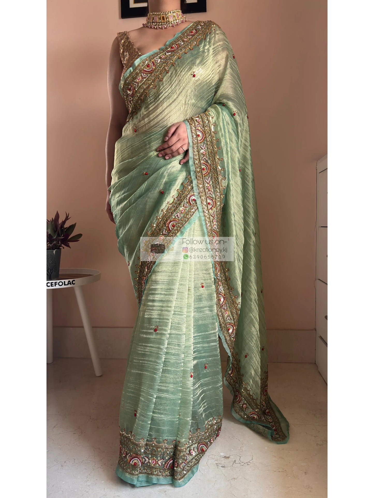 Green Tissue Saree with Hand embroidered Border Kreation by KJ