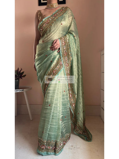 Green Tissue Saree with Hand embroidered Border Kreation by KJ