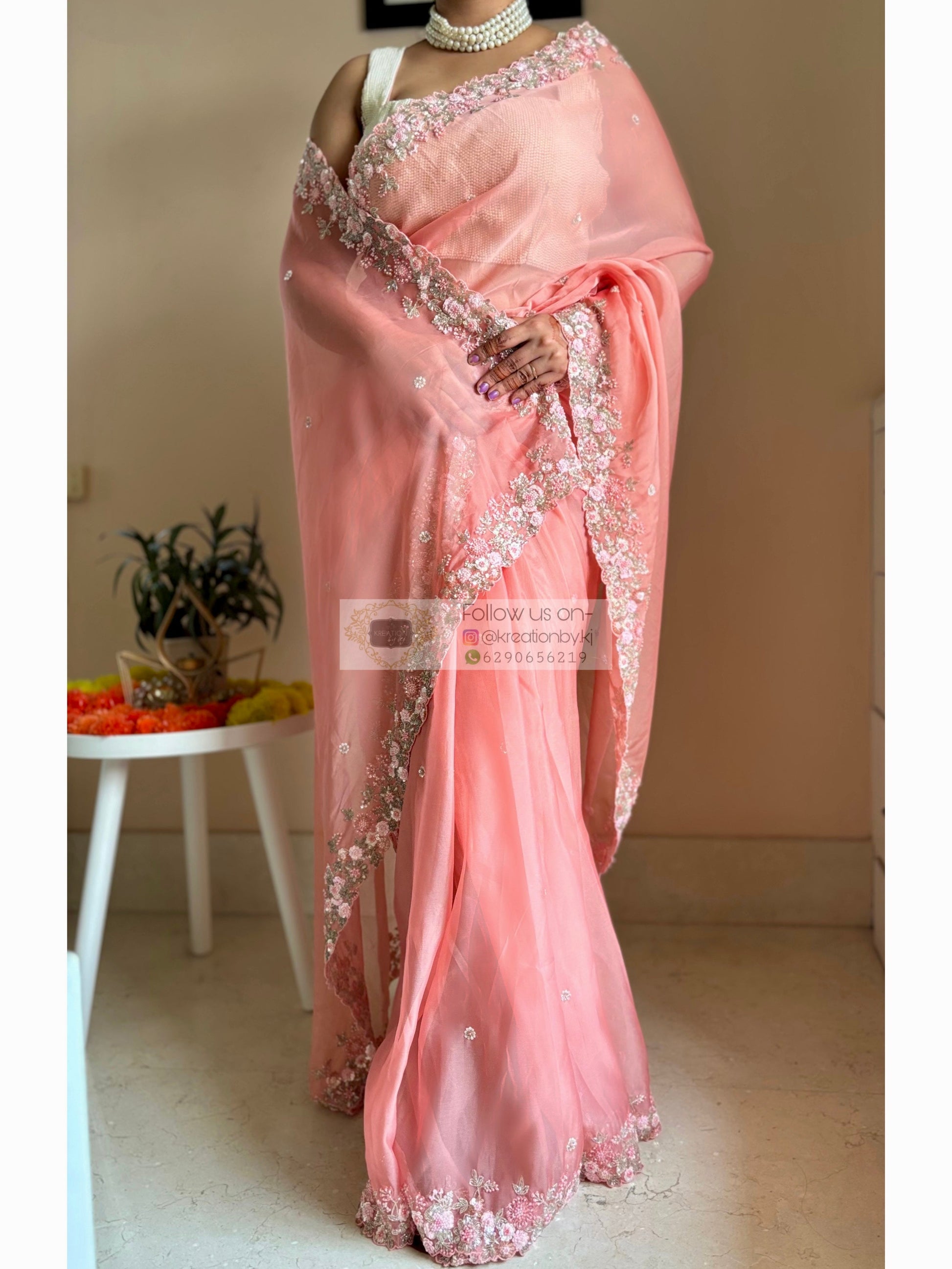 Peach Floral Haze Organza Saree Kreation by KJ