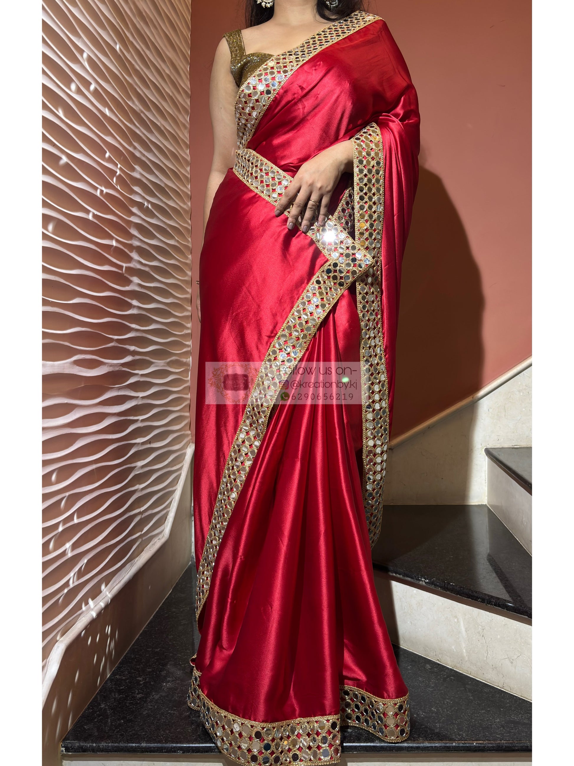 Crimson Red  Satin Silk Saree with Mirror Border kreationbykj