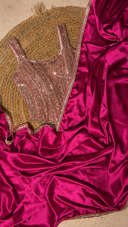 Hot Pink Satin Silk Cocktail Saree