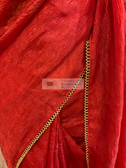 Red Crushed Tissue Saree with Golden Border