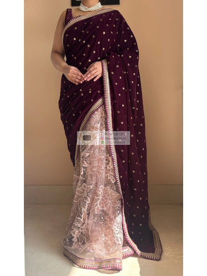 Purple Wine Velvet And Net Embellished Saree Kreation by KJ