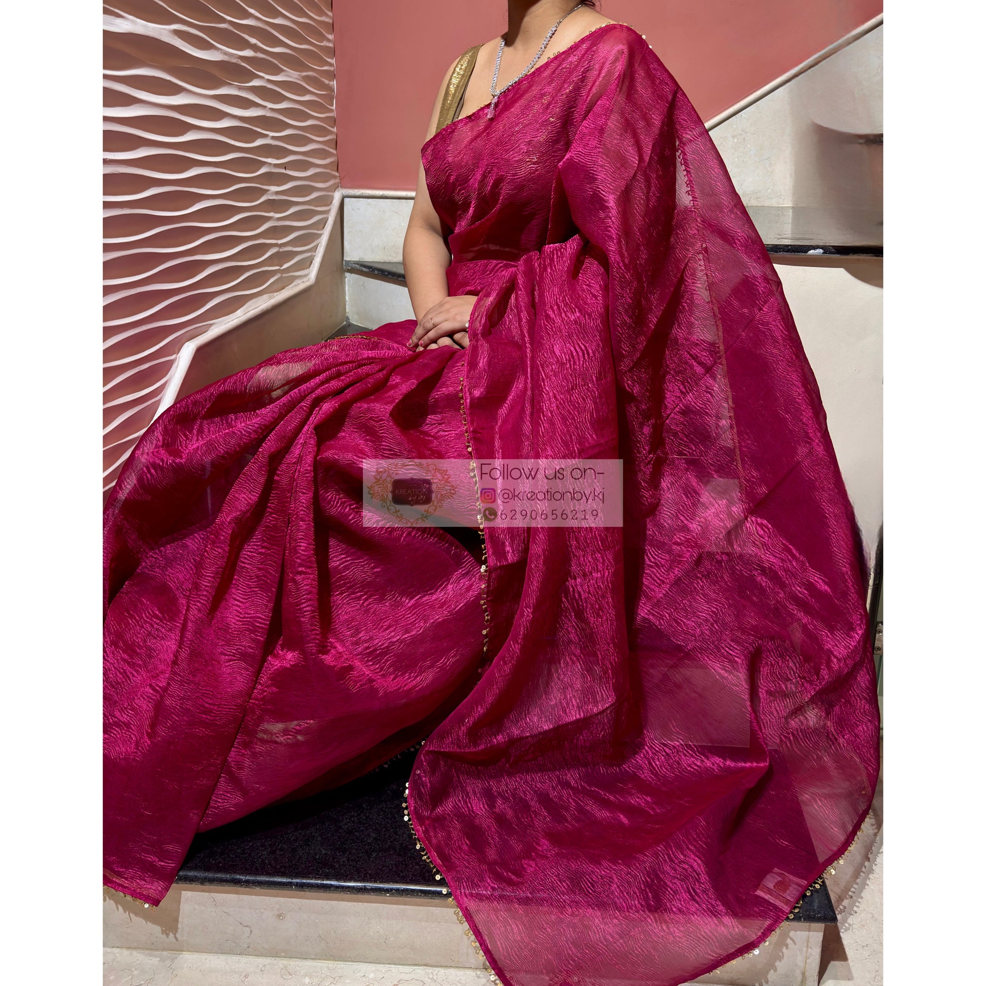 Magenta Pink Crushed Tissue Saree kreationbykj