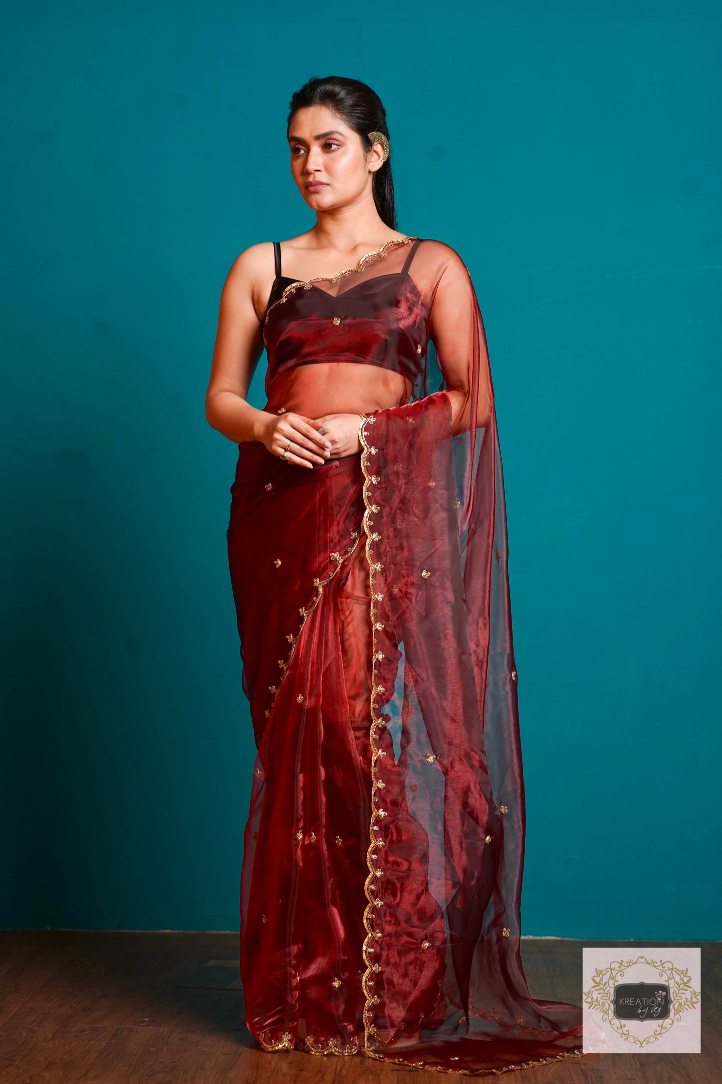 Maroon Glass Tissue  Sequins Piyali Saree