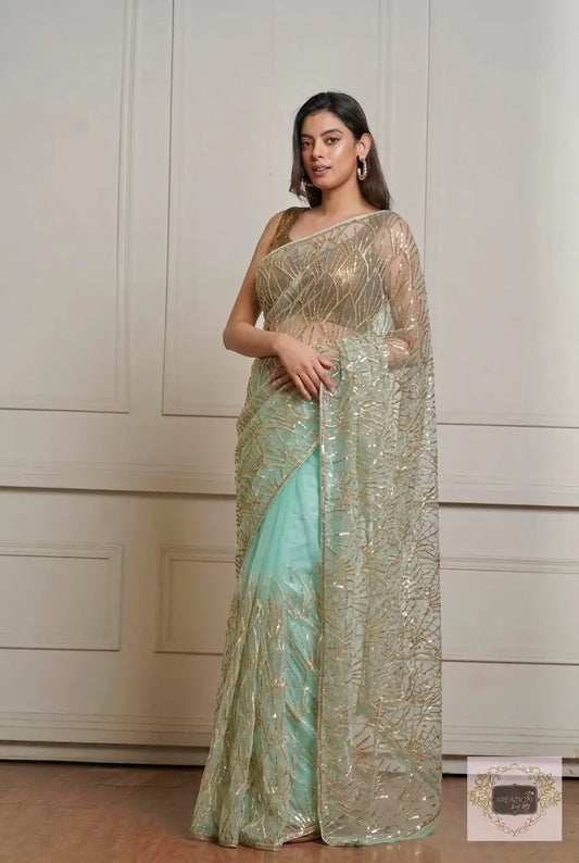 Mint Green A Sky full of Stars Saree kreationbykj