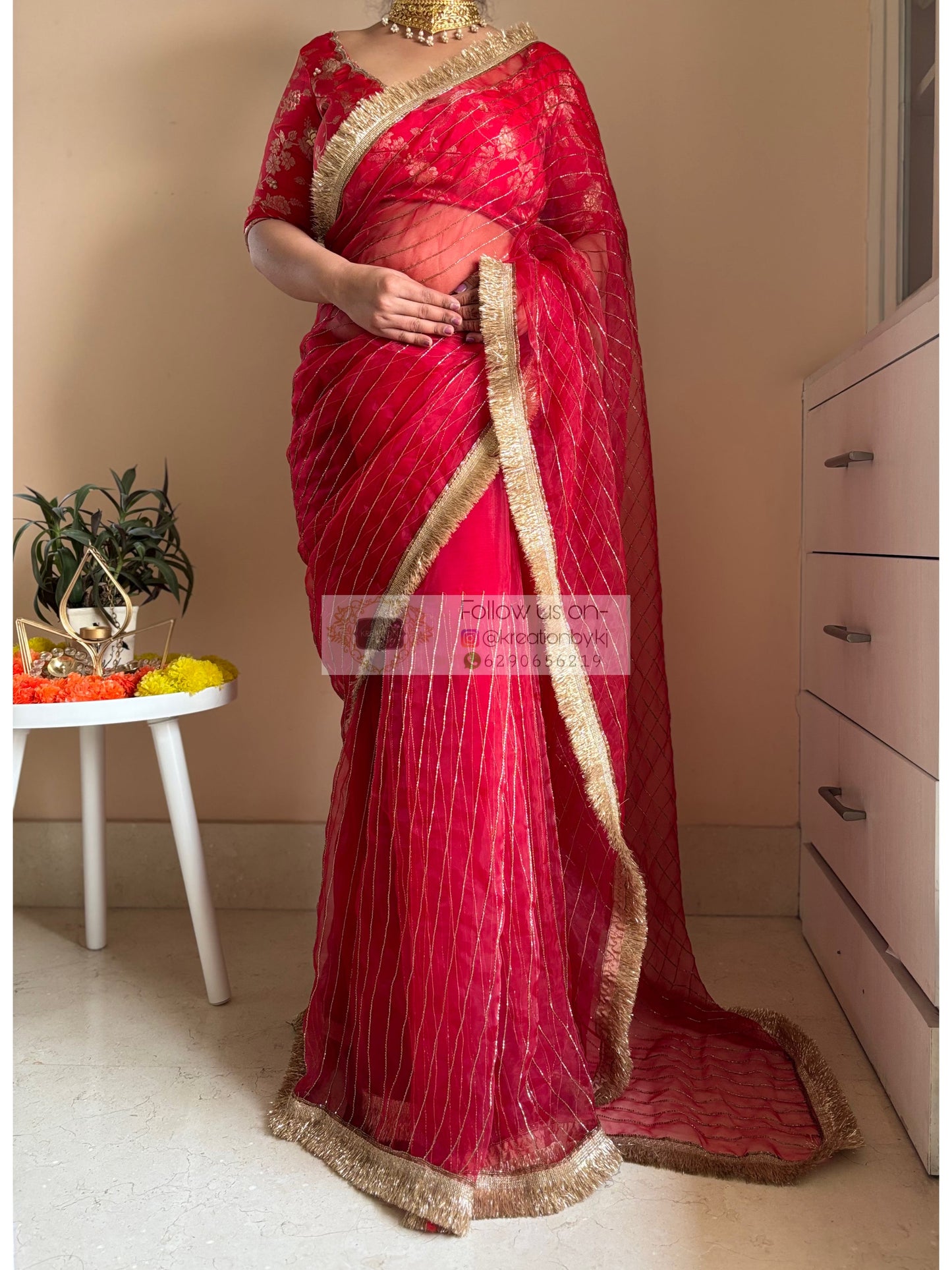 Red Noorani Banno Organza Saree Kreation by KJ