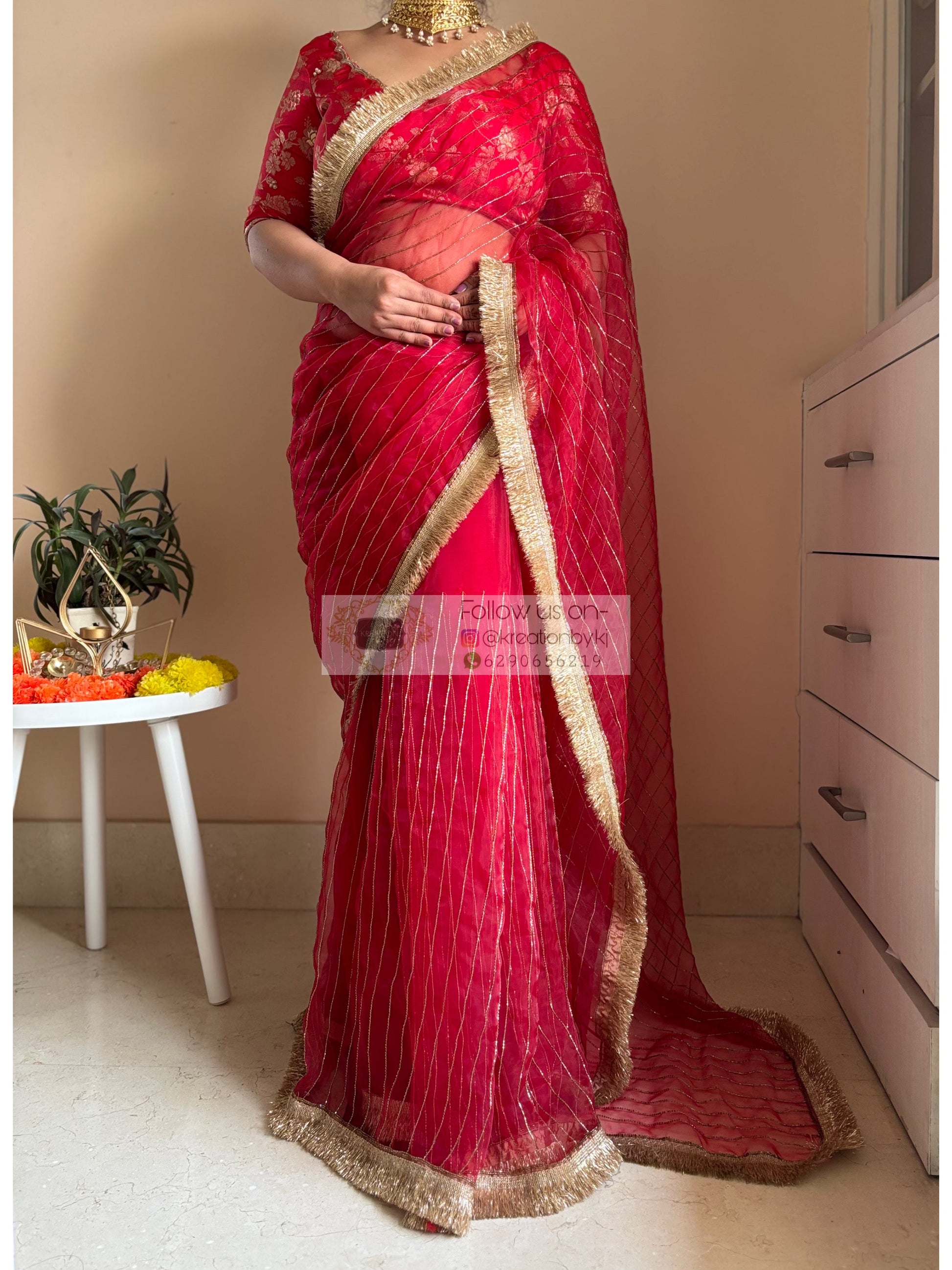 Red Noorani Banno Organza Saree Kreation by KJ
