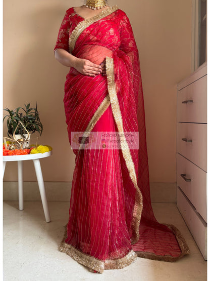 Red Noorani Banno Organza Saree Kreation by KJ