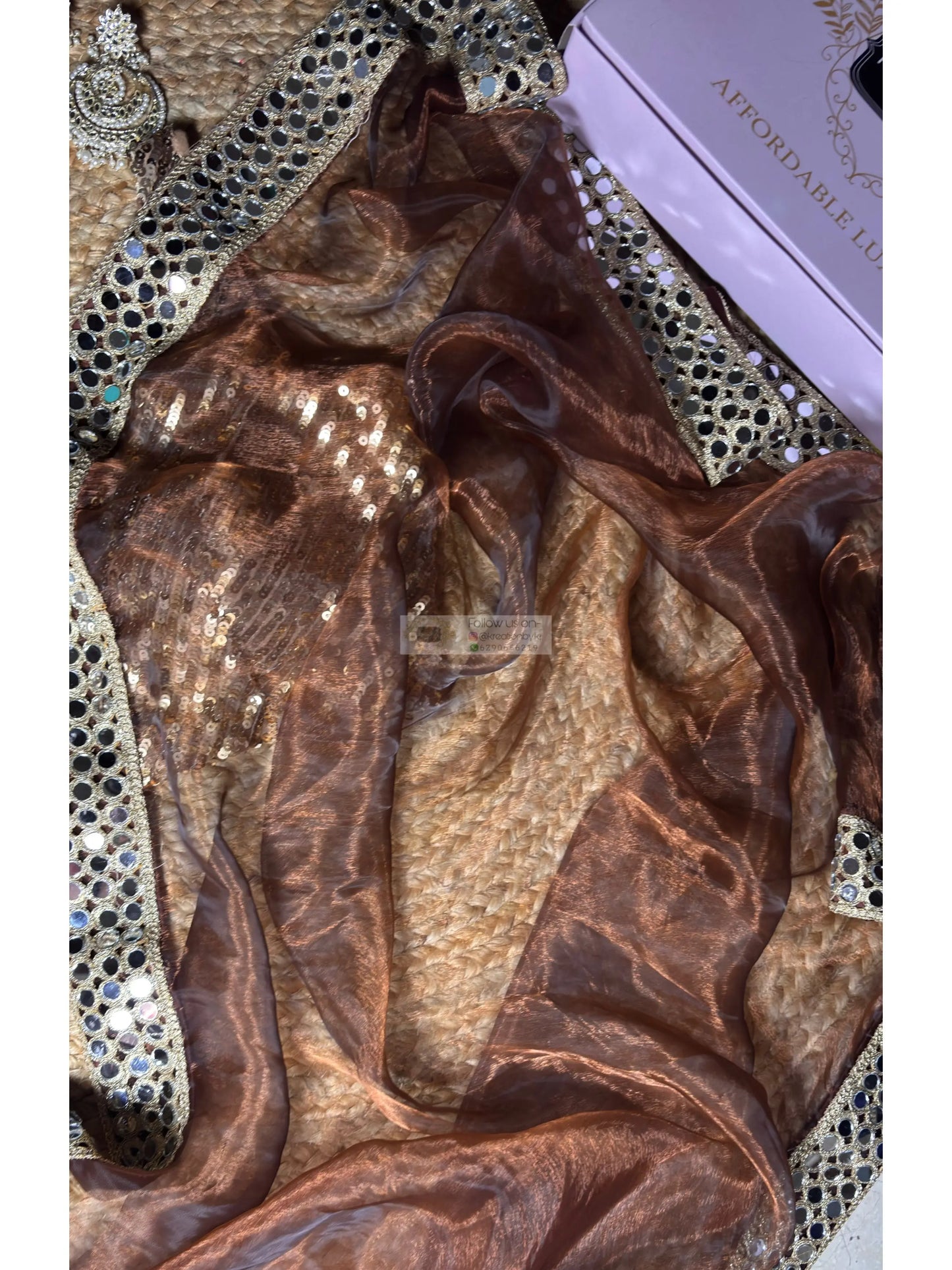 Copper Brown Glass Tissue Saree With Real Cut Mirror Border Kreation by KJ
