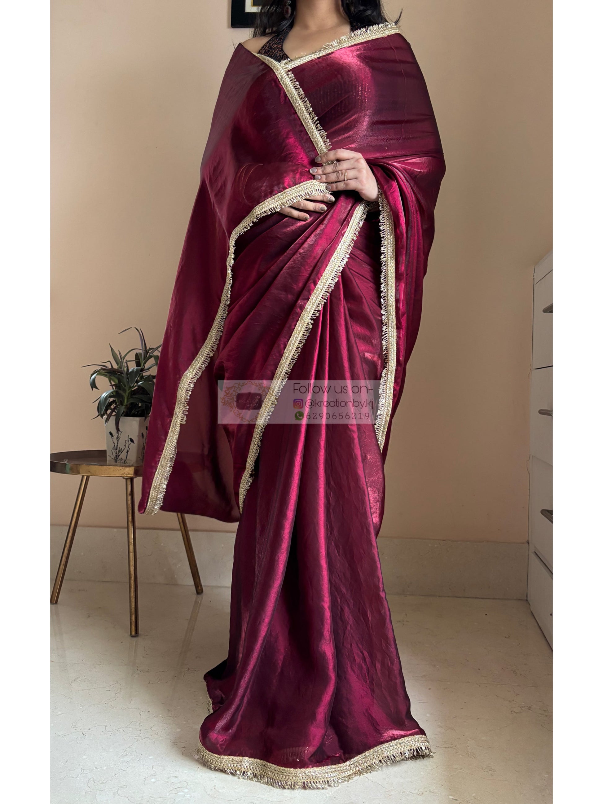 Cheery Wine Metallic Shimmer satin Banno Saree kreationbykj