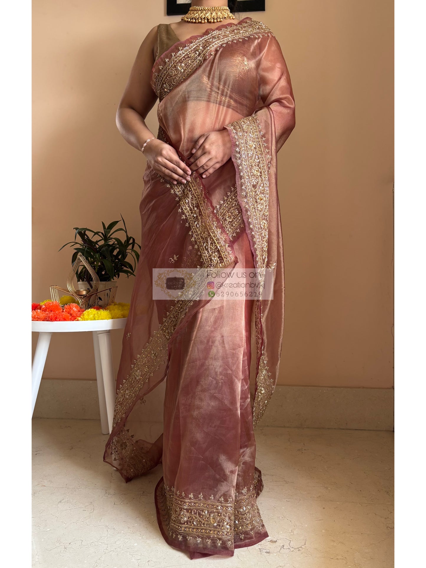 Sandalwood gold zarina Saree for Genz