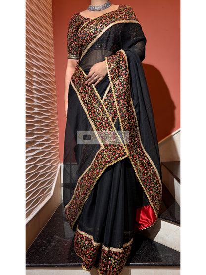Black Crushed Chiffon Saree with Embellished Border