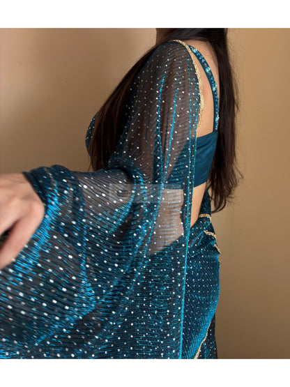 Blue Pleated Net Drape Lehenga Saree