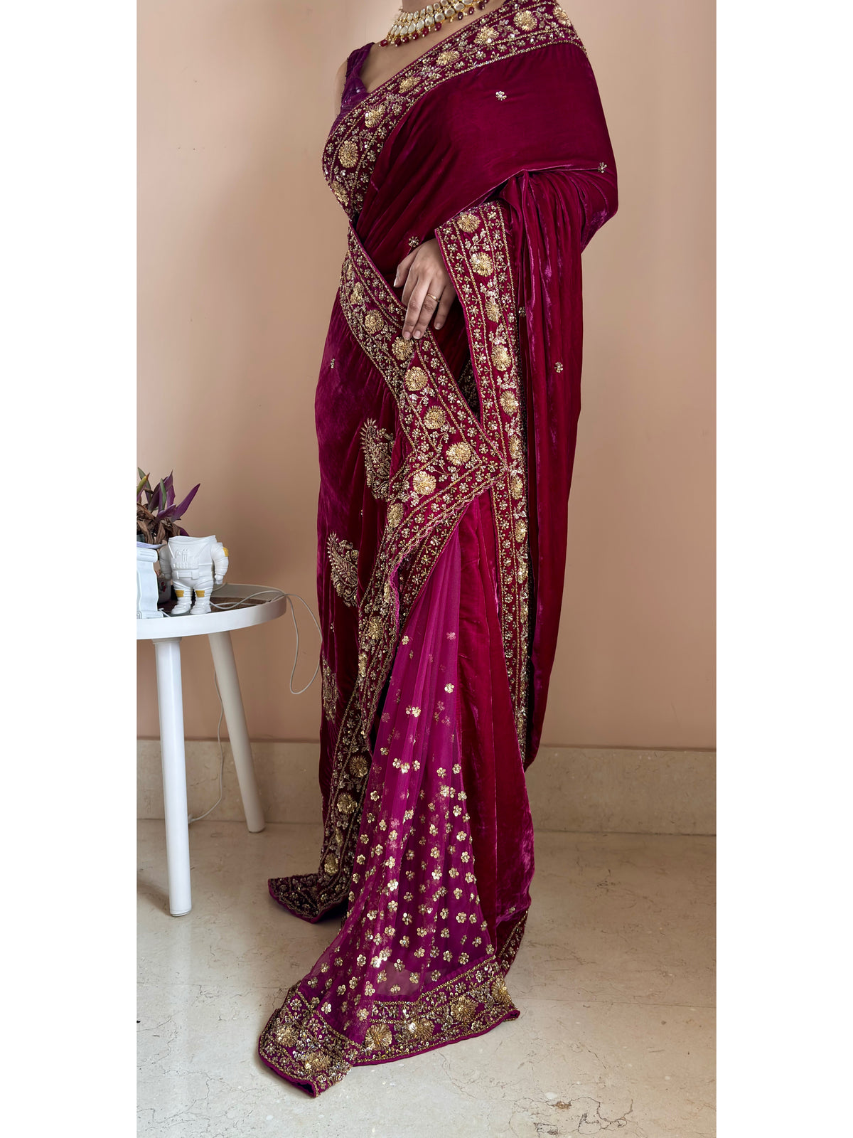 Purple Wine Vows in Velvet Saree