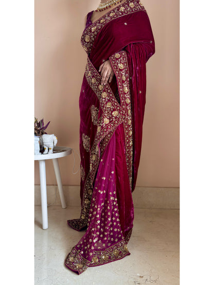 Purple Wine Vows in Velvet Saree