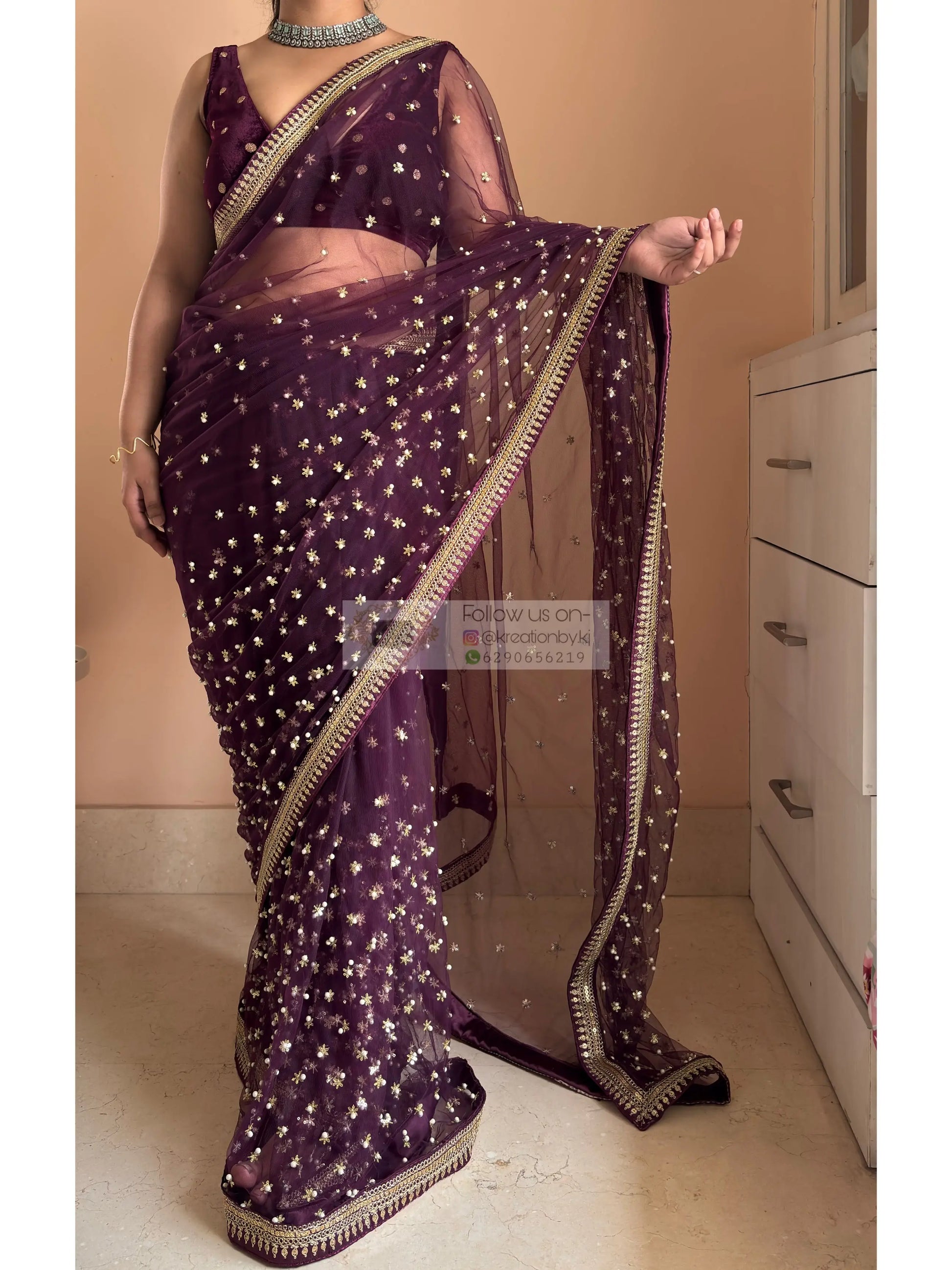 Wine Embellished Net Saree Kreation by KJ