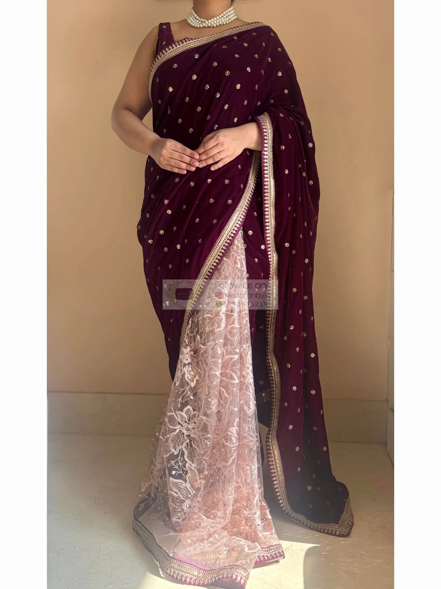 Purple Wine Velvet And Net Embellished Saree Kreation by KJ