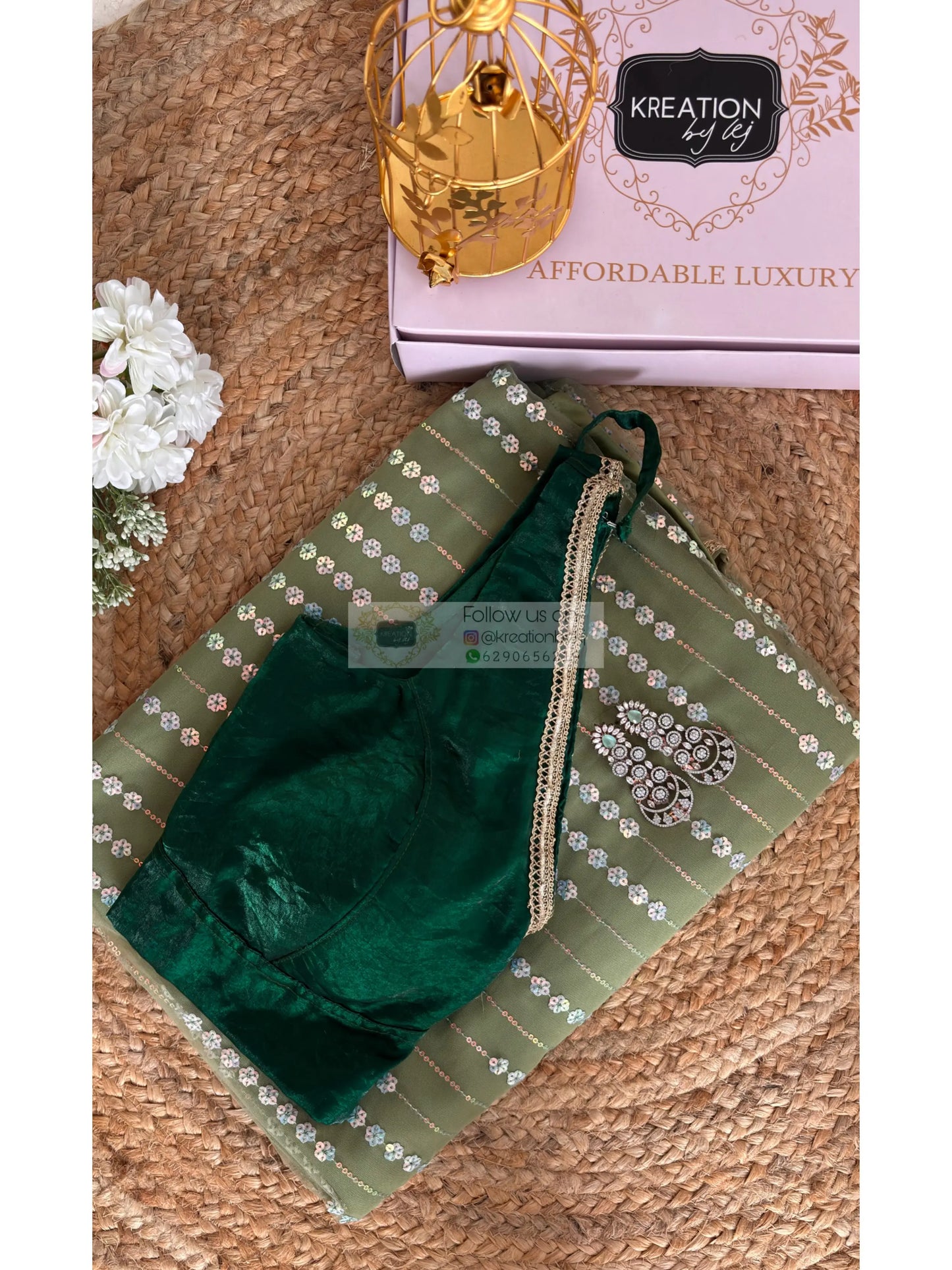 Sage Green Satin Net Half Saree Kreation by KJ