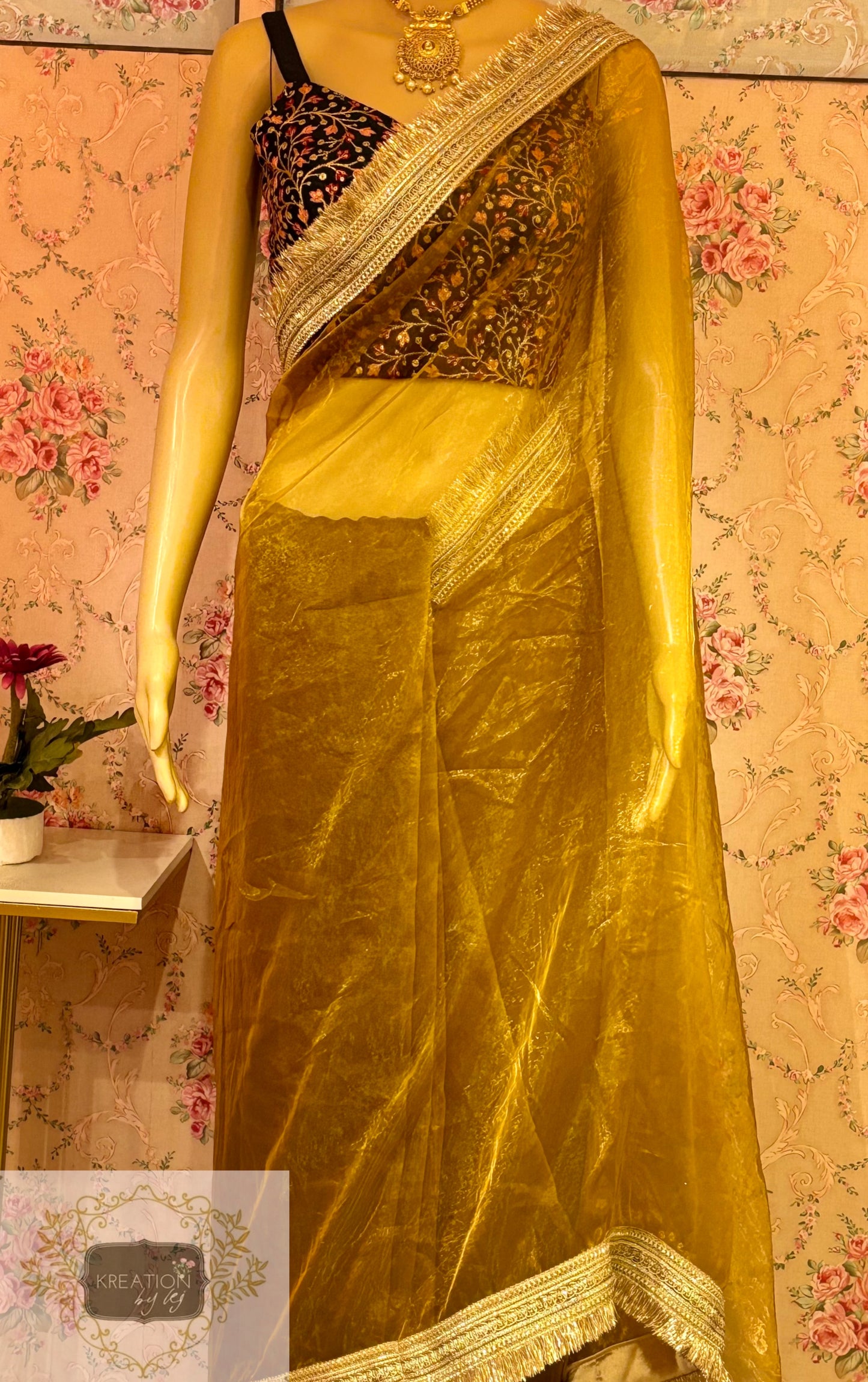 Amber Gold Glass Tissue Banno Saree